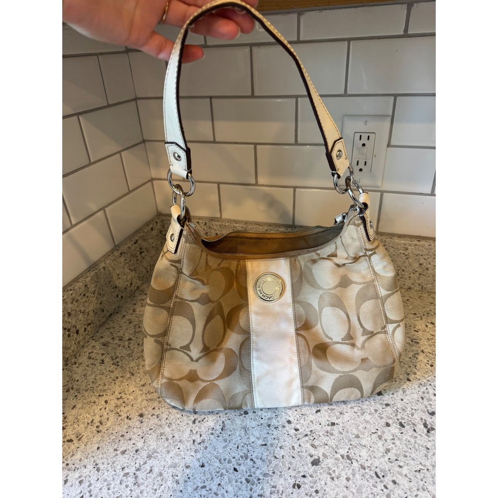 Coach Signature Jacquard Shoulder Bag Khaki White Y2K Hobo Handbagg